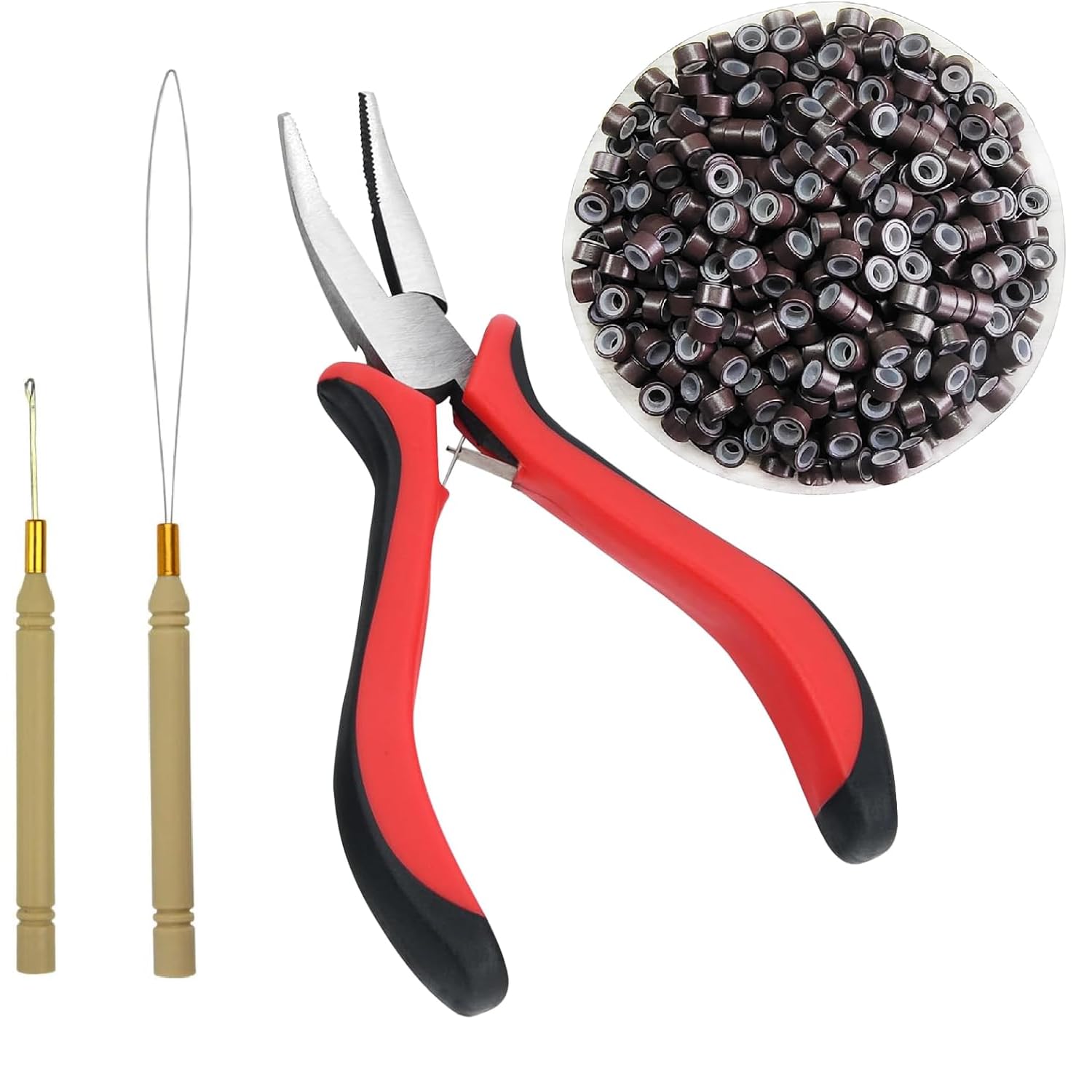 Yuiturt Hair Extensions Pliers Tools Kit,Professional Tools with Hair Extension Pliers,Loop Threader and 200 PCS Silicone Line Nano Black Beads for Extending Hair Wearing Feather Accessories