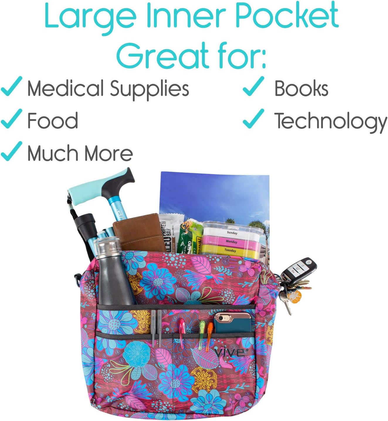 Vive Rollator Bag - Universal Travel Tote for Carrying Accessories on Wheelchair, Rolling Walkers & Transport Chairs - Lightweight Laptop Basket for Handicap, Disabled Medical Mobility Aid Pouch: Health & Personal Care