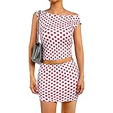 Remidoo Women's Polka Dot 2 Piece Skirt Set Off Shoulder Crop Top and Mini Skirt Summer Outfit