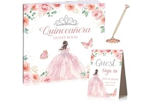 Threehoney 3 Pcs Quinceañera Guest Book Set 15th Quinceanera Party Favors with Standing Plaque and Rose Gold Diamond Pen with Base 15th Birthday Decorations