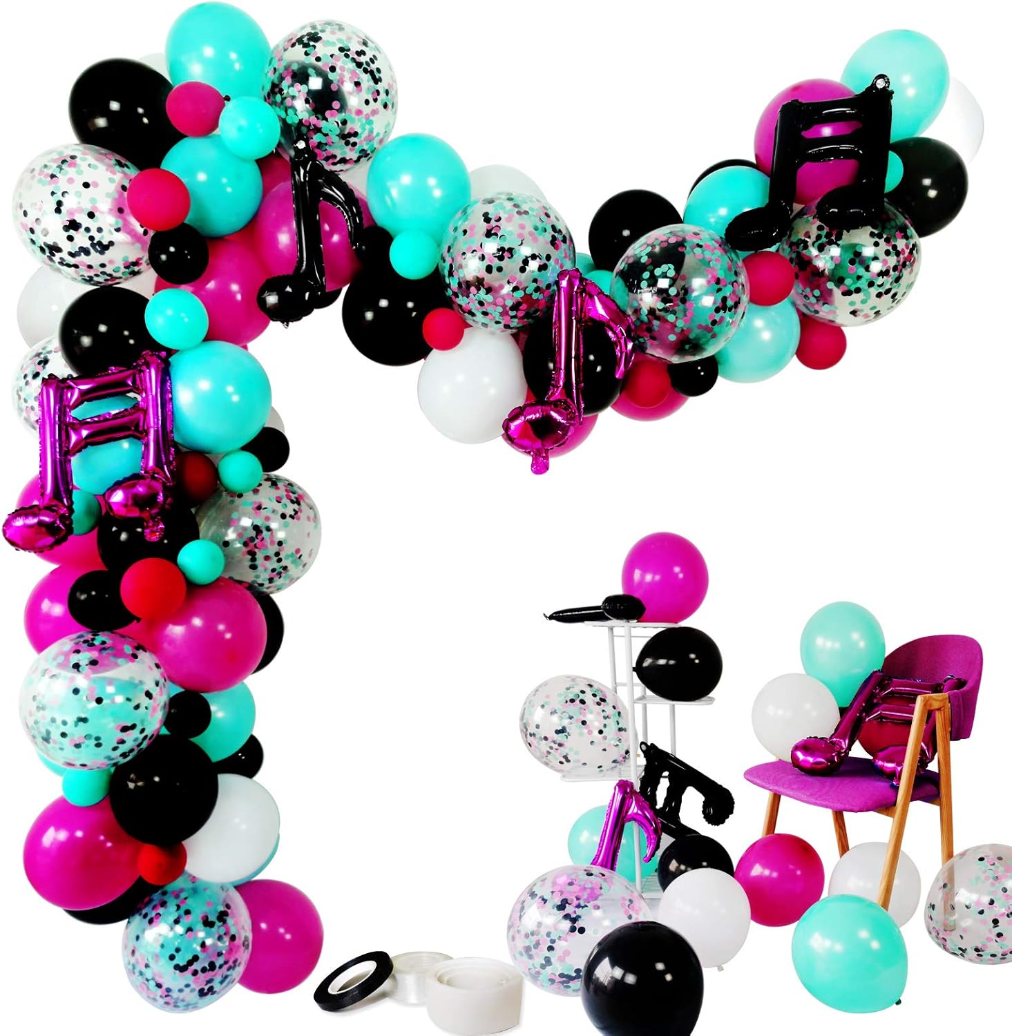 Music Notes Party Decorations, Karaoke Balloon Garland & Arch Kit, White, Rose Red, Seafoam Blue, Black Latex Balloons Confetti Balloon Musical Note Foil Balloon Strip Set for Birthday Party Supplies: Health & Personal Care