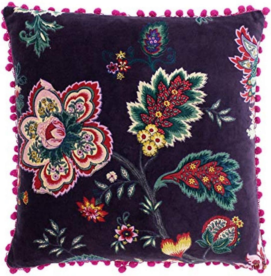 Riva Paoletti Palampur Cushion Cover - Damson Purple - Indian Floral Print - Faux Velvet Fabric - Pink Pompom Edges - Machine Washable - 100% Cotton - 50 x 50cm (20" x 20" inches)