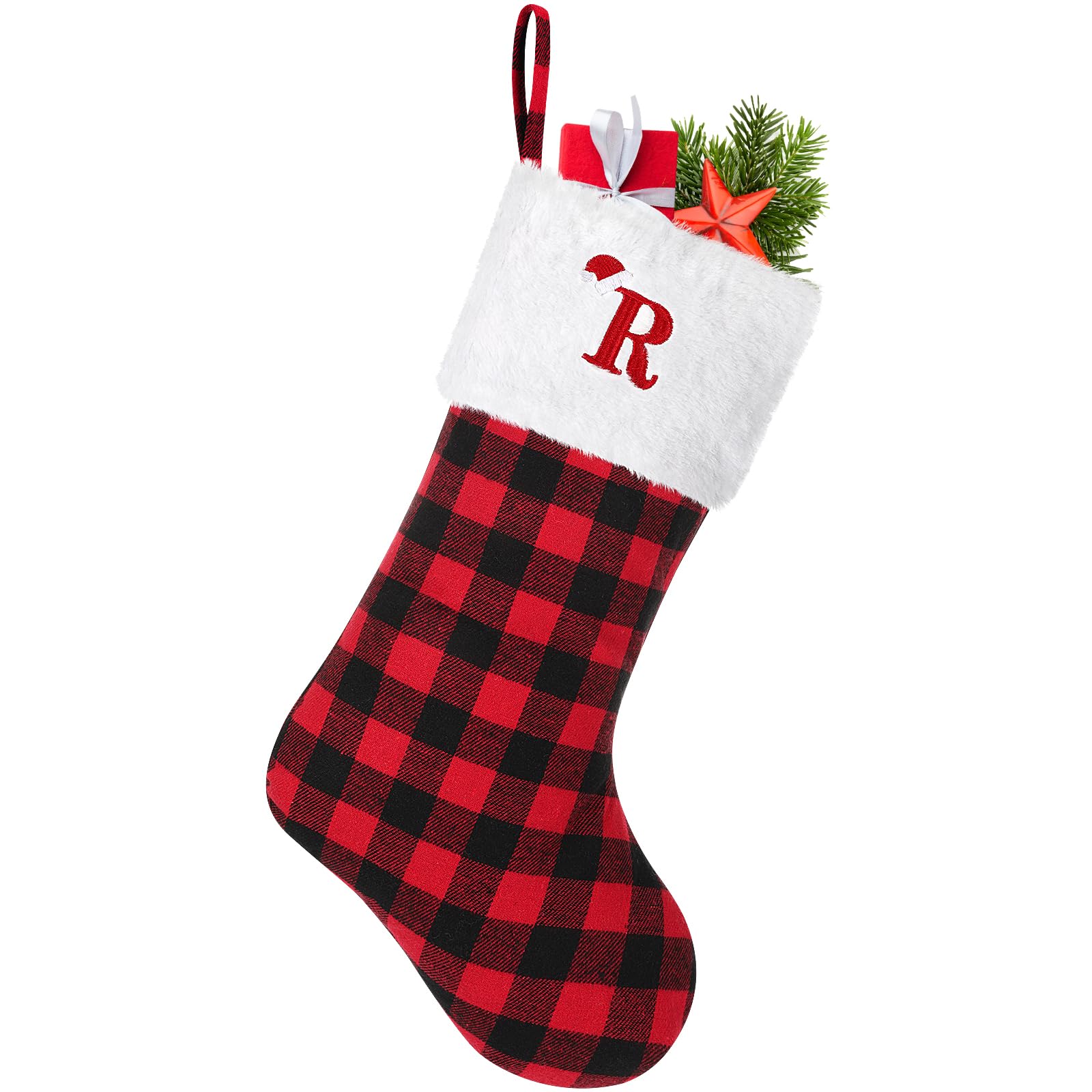 Photo 1 of 20 inches Large Initial Monogram Christmas Stocking Red Black Buffalo Plaid Personalized Christmas Stockings with Embroidered Letters Initial Christmas Stockings for Xmas Holiday Fireplace Decor (R)