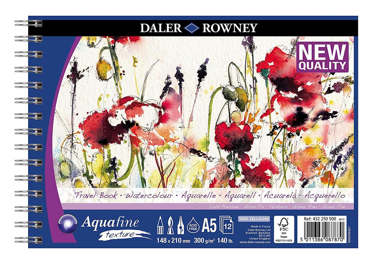 Daler-Rowney Aquafine Textured Cold-Pressed Watercolour & Gouache 300gsm A5 Paper Spiral Travelbook, Natural White, 12 Sheets, For Professional & Beginner Artists & Students, Acid-Free