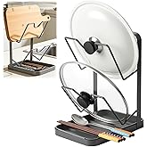 Kitchen Pot Lid Storage Rack, Stainless Steel Pot Lid Holder While Cooking for Countertop, Multifunctional Pots Lids Organizer Rack with Removable Drip Tray for Spatulas, Ladles & Large Lids(Gray)