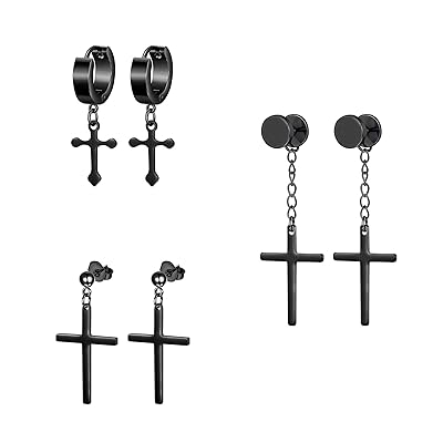 Thunaraz Stainless Steel Cross Dangle Hinged Hoop Earrings for Men Women Huggie Drop Earrings 3-8Pairs