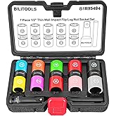 BILITOOLS Half Sizes Lug Nut Socket Set, 1/2" Thin Wall Impact Flip Sockets for Wheel lug Nuts with Non-Marring Sleeves, 17/17.5, 18.5/19.5, 19/21, 21/21.5, 22/22.5mm, Knockout Bar & Extension