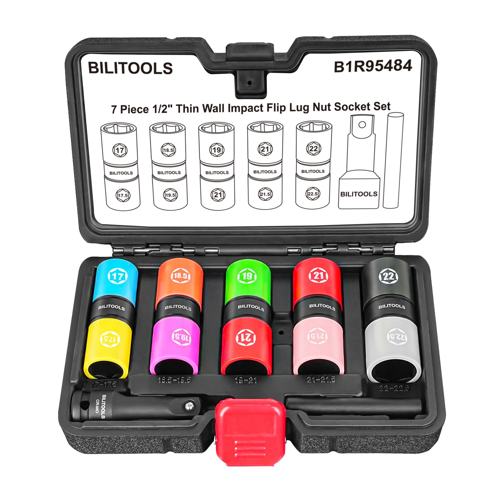 Photo 1 of BILITOOLS Half Sizes Lug Nut Socket Set, 1/2" Thin Wall Impact Flip Sockets for Wheel lug Nuts with Non-Marring Sleeves, 17/17.5, 18.5/19.5, 19/21, 21/21.5, 22/22.5mm, Knockout Bar & Extension