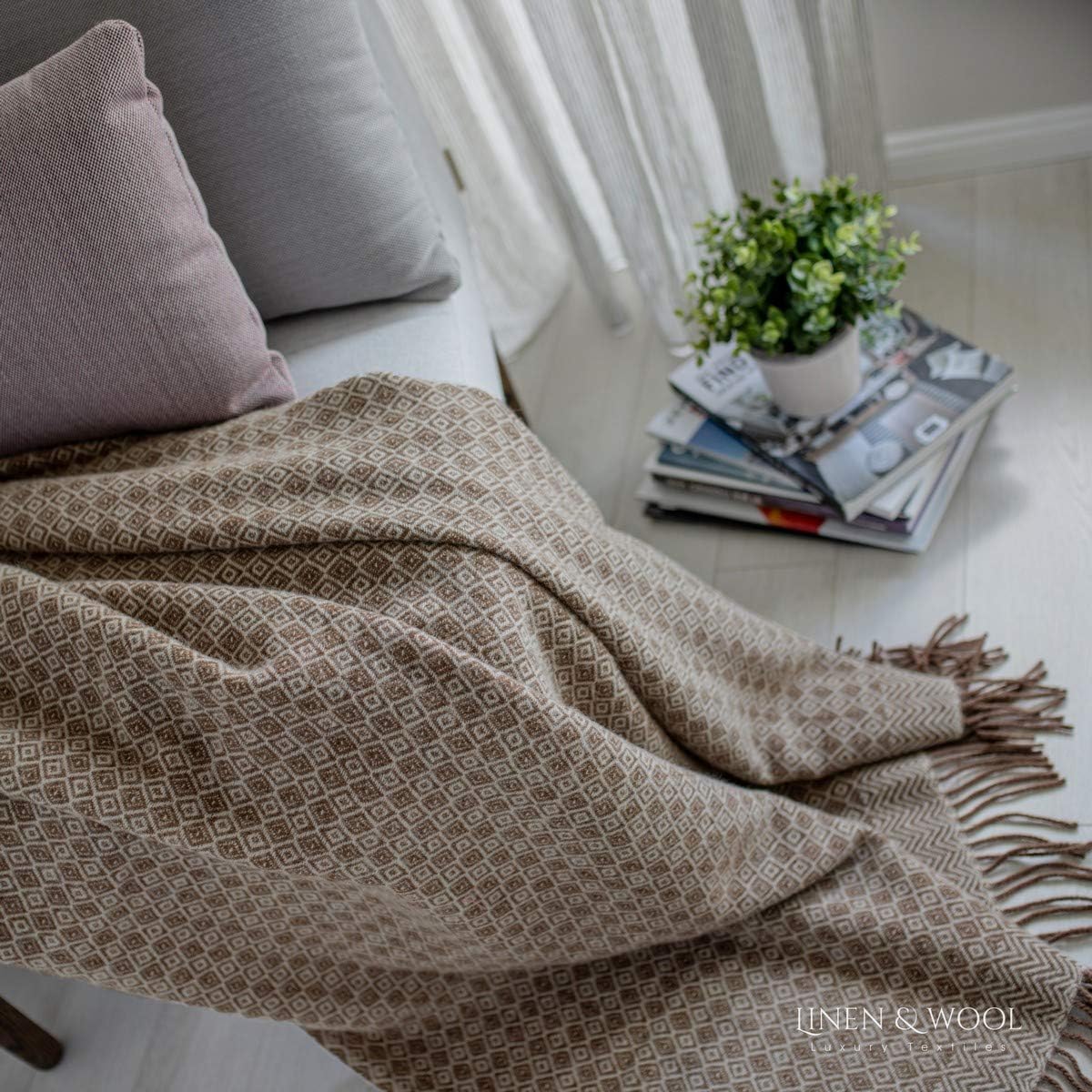 Linen & Cotton Soft and Beautiful Diamond Twill Wool Throw/Blanket PARIS, 100% New Zealand Lambswool - Image 3