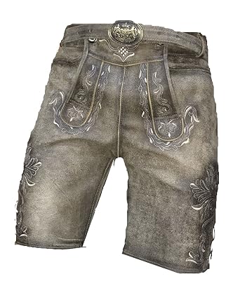 MAGS World24 Bayrische Leder Trachtenhose kurz Oktoberfest Wiesn in antik walnuss braun mit Gürtel Gr. 46-62