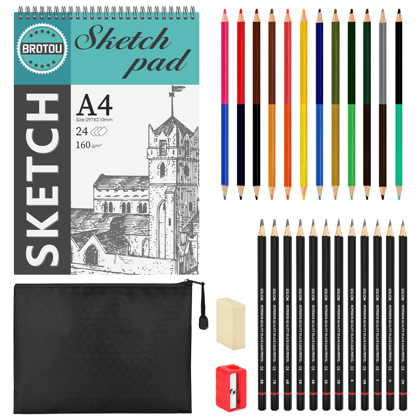 BROTOU 28-Piece Drawing and Sketching Pencils Set, Complete Art Kit with Sketchbook, Dual-Ended Coloured Pencils, Eraser, Pencil Sharpener and Pencil Case for Kids, Adults and Art Beginners