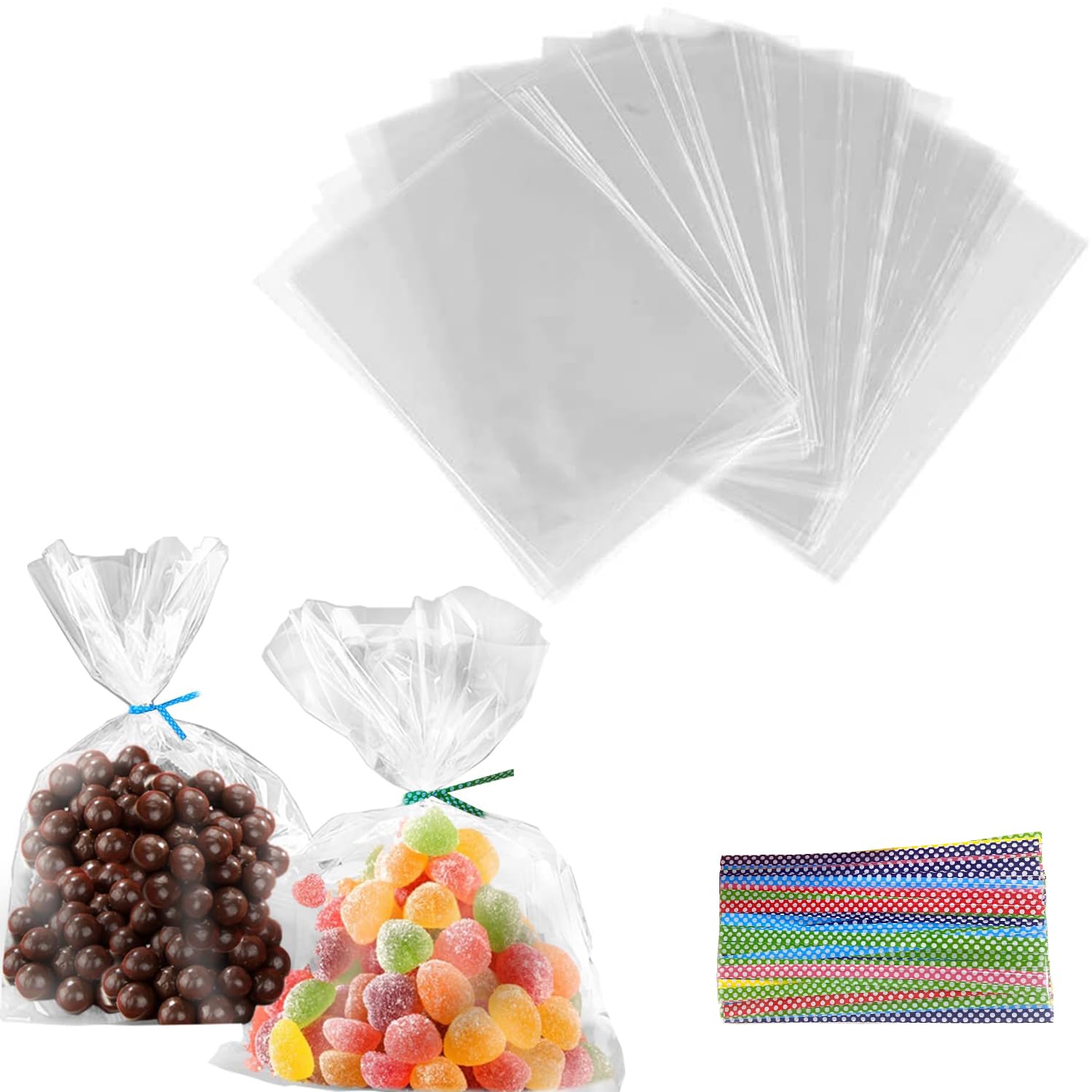 NEWUPZSI 200 Cellophantüten Klar 10x15cm klein Süßigkeiten Tütchen Transparent mit 200 Metallischen Bindebaender für Süßigkeiten Mitgebsel Kindergeburtstag Gastgeschenke 10 X 15 200pcs
