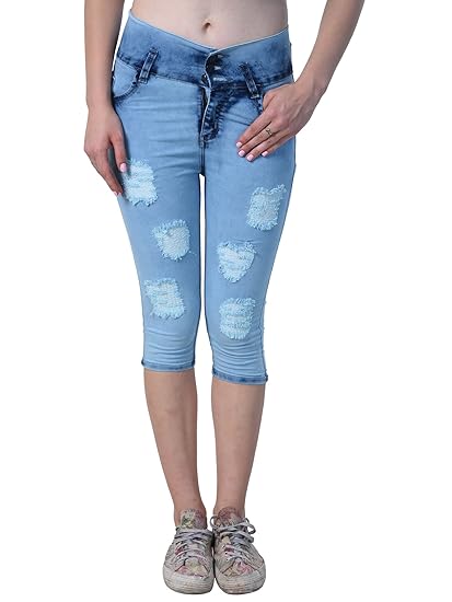 Women's Slim Fit Blue Color Ripped Capri