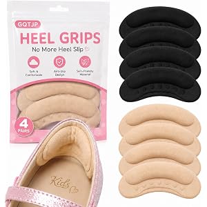 GQTJP Kids Heel Grips for Shoes Too Big, Foam Pads, 4 Pairs Mixed | Soft foam heel pads, 2 black pairs and 2 beige pairs, sel