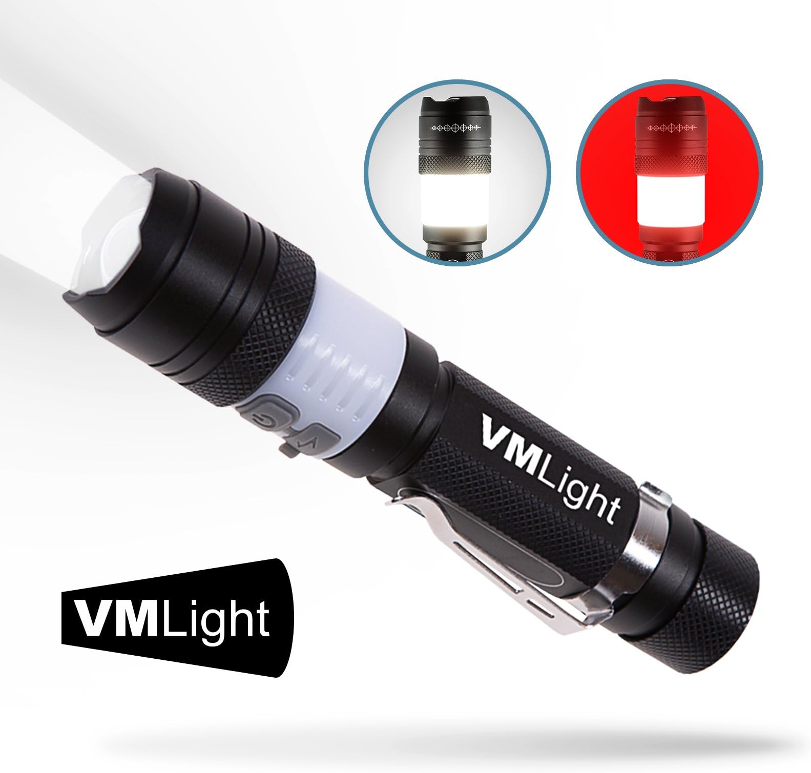 VMLight Cree LED USB Rechargeable Tactical Flashlight Travel Camping Torch Adjustable Focus Waterproof Battery 18650 Included, Night Light Option 3 Mode High Bright XML T6, 500 Lumen, White/Red