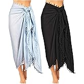 Boao 2 Pieces Women Sarong Coverups Long Sarong Plus Size Beach Wrap with Tassel Chiffon Swimsuit