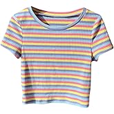 WDIRARA Women's Colorful Striped Short Sleeve Tee Shirt Y2k Crewneck Ribbed Knit Crop Tops