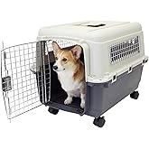 SportPet Airline Compliant MEDIUM 26.5" Travel Dog Kennel-Durable Plastic Airline Pet Carrier w/Removable Wheels &amp; Food Bowls, Collapsible Indoor/Outdoor Dog Kennel, Dogs up to 23"L &amp; 15"H-Cream/Gray