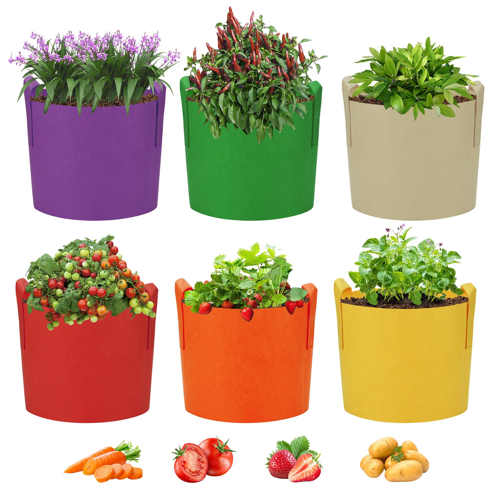 Ohiyoo 7 Gallon Plant Grow Bags, 6-Pack Multicolor Fabric Planters Grow Bags Vegetable Planter Bags Containers, Fabric Plant Pots for Potato Tomato Vegetable Flowers (7 Gal)