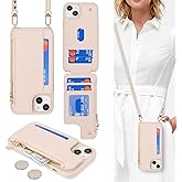 Cavor for iPhone 13 Wallet Case with Card Holder for Women,for iPhone 13 Case with Strap,Crossbody Lanyard and Wristlet Zipper Pocket Phone Cover-Cream