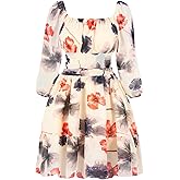 PUKAVT Women's Summer Dresses 2026 Square Neck Tie Back 3/4 Lantern Sleeve Vintage Chiffon Short Dress