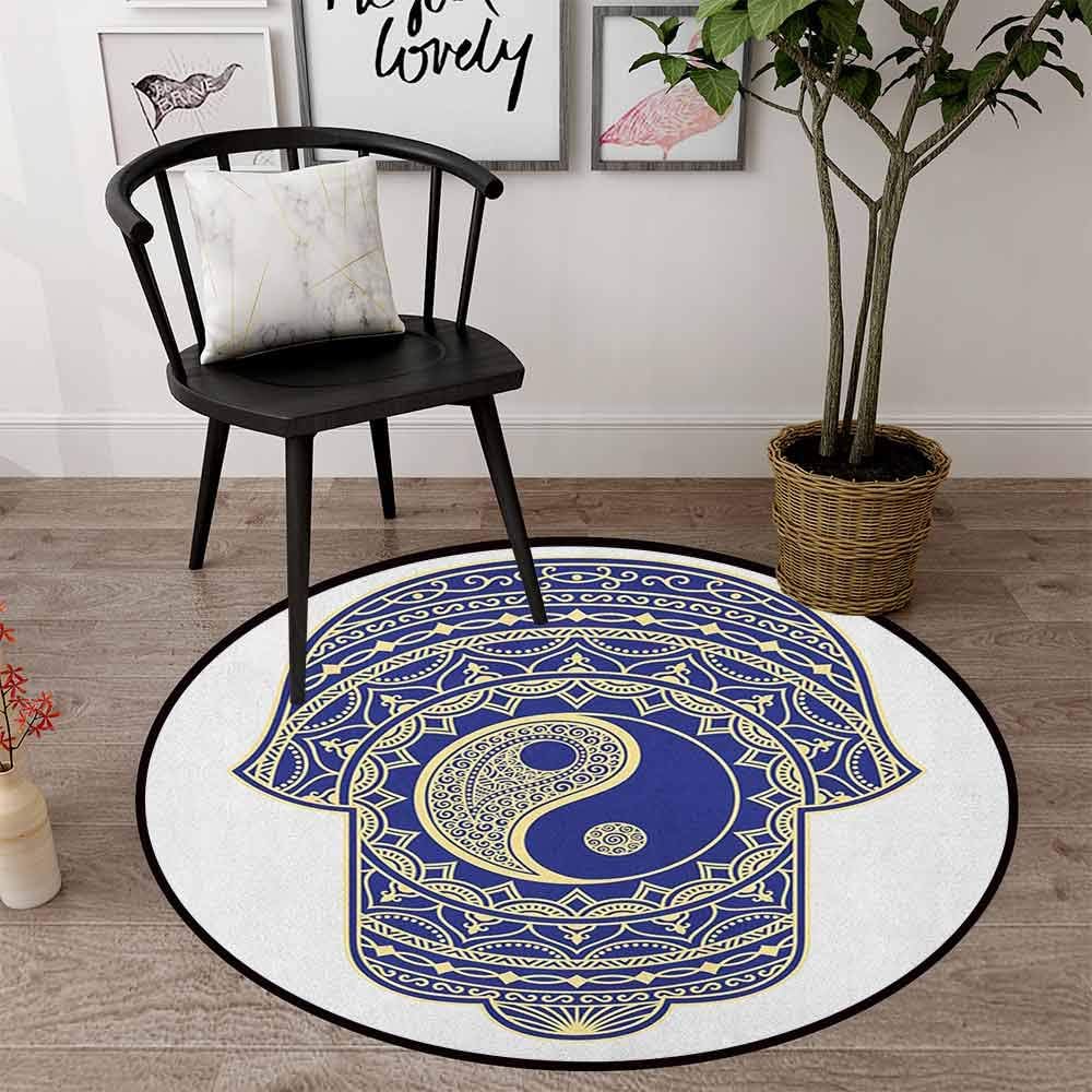 DragonBuildingMaterials Hamsa Living Room Round Rug 35" Round, Royal Blue Cream, Artistic Symbol in Japanese Style with Ying Yang Sign Spiritual Mysticism Zen, Stain Resistant (Round 90cmx90cm)