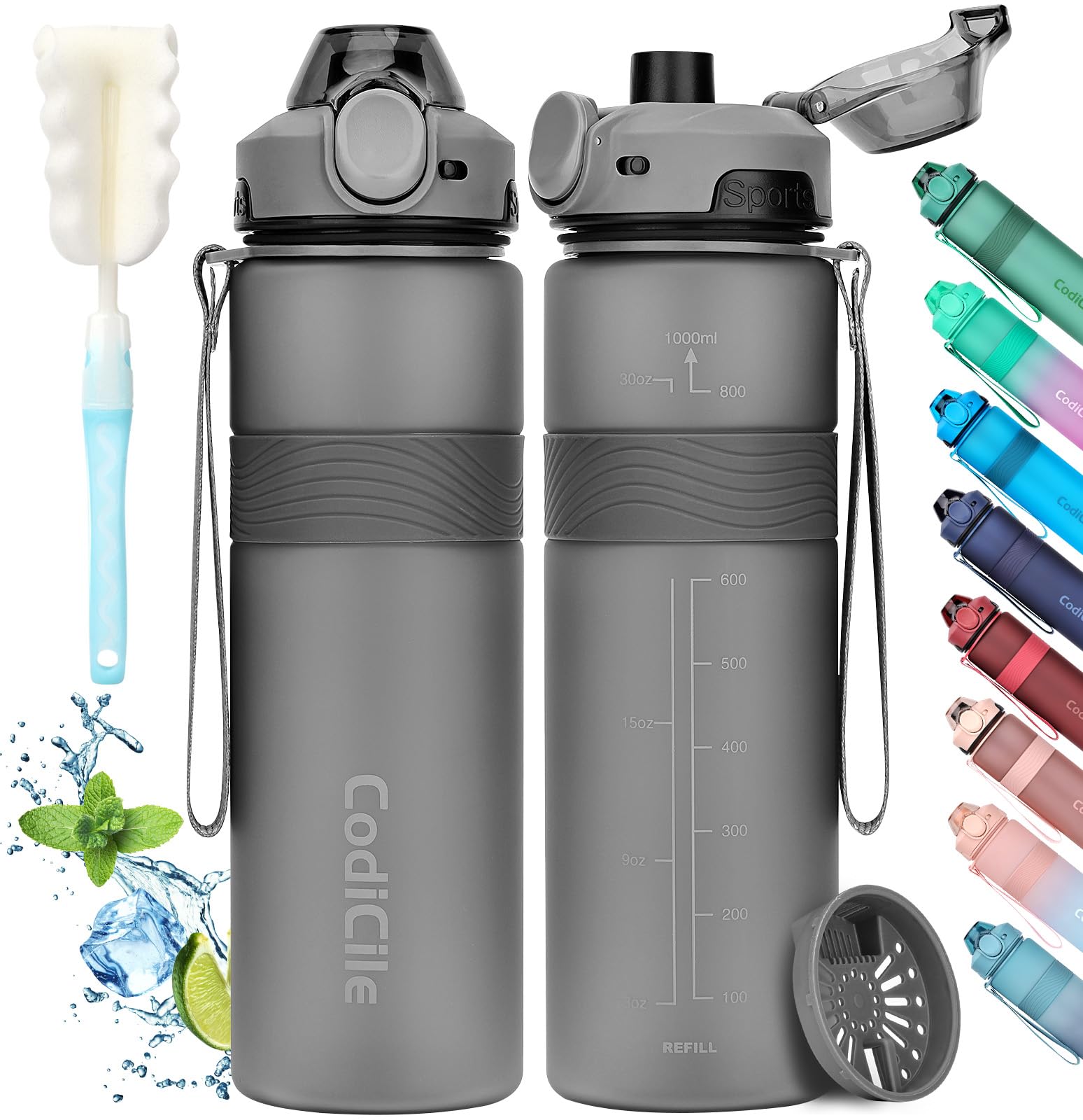 CodiCile Water Bottle, BPA Free 1l Water Bottle Leak Proof Drinks Bottle, Large Sports Bottle Great for Gym, School, Office and Travel (Dark Gray)