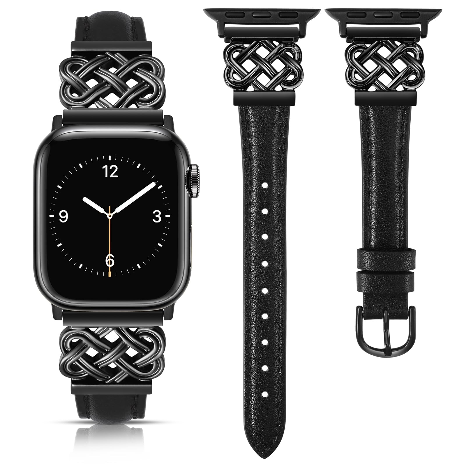 Photo 1 of TOYOUTHS Compatible with Apple Watch Bands Women 42/44/45/46/49mm Dressy Slim Leather Strap with Celtic Knot Interlock Buckle Bracelet for iWatch Series 11 10 9 8 7 6 5 4 SE/Ultra 3 2 1, Black