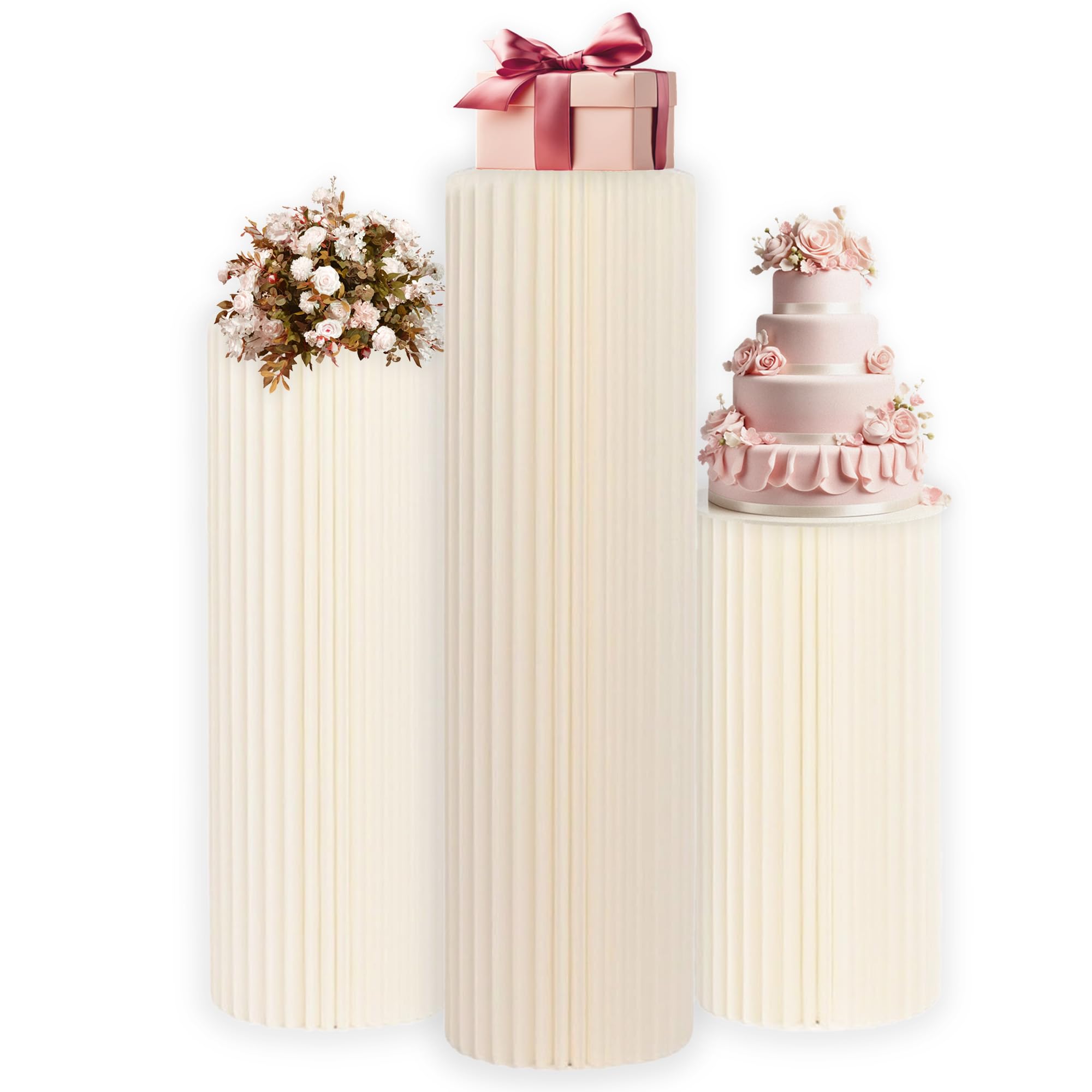 Photo 1 of Havenlux Foldable Cylinder Pedestal Stand for Parties 3pcs Columns Pedestal Display Stands Round White Cylinder Column Table Roman Pillar for Wedding Birthday Baby Shower Party Decor