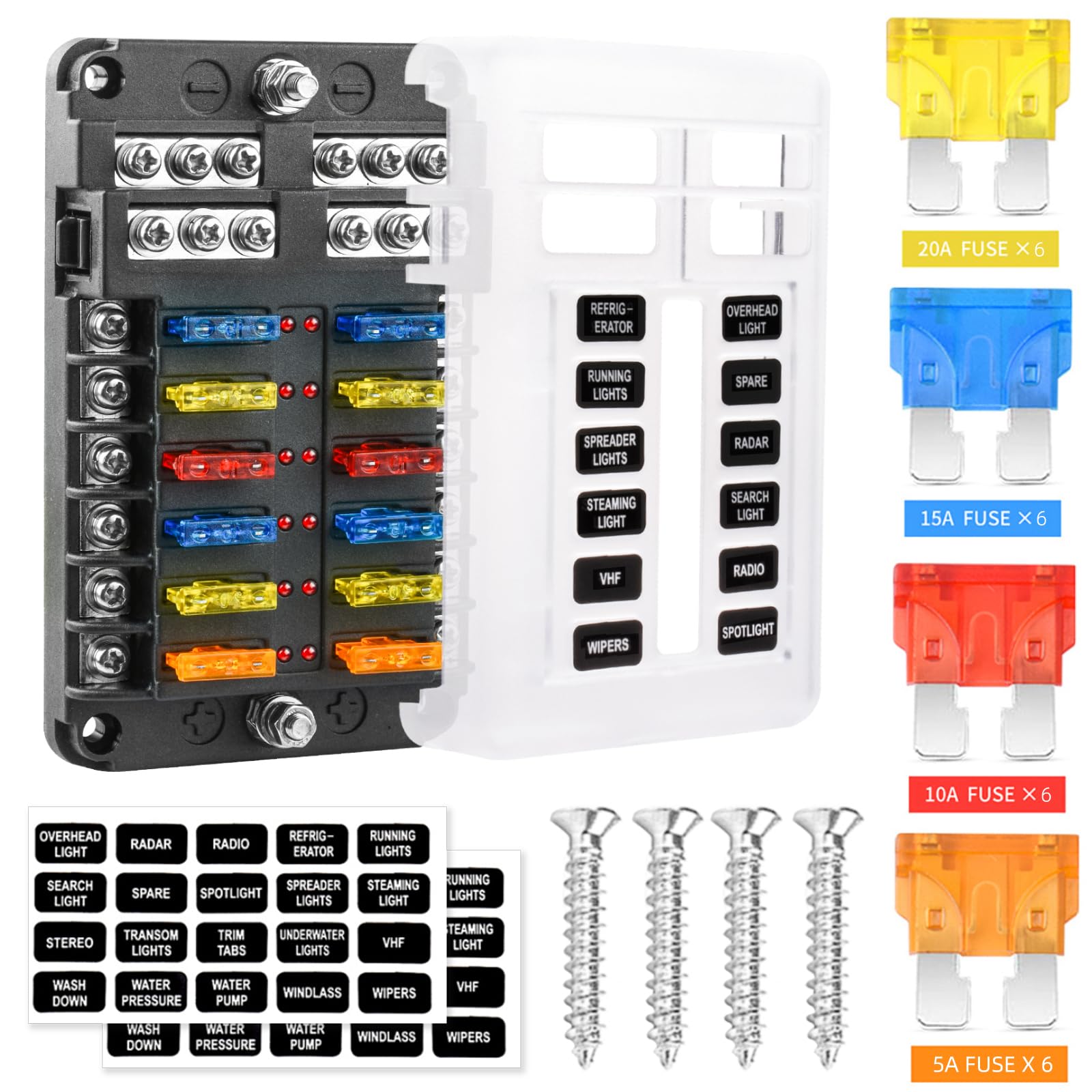 Photo 1 of 12 Way 12V Fuse Box Blade, 12Volt Fuse Block with LED Indicator Waterproof Cover - 12-Way Individual Positive Fuse Holder with Ground Bus Holder for 12V/24V AutoTruck Boat Marine RV Van Vehicle
