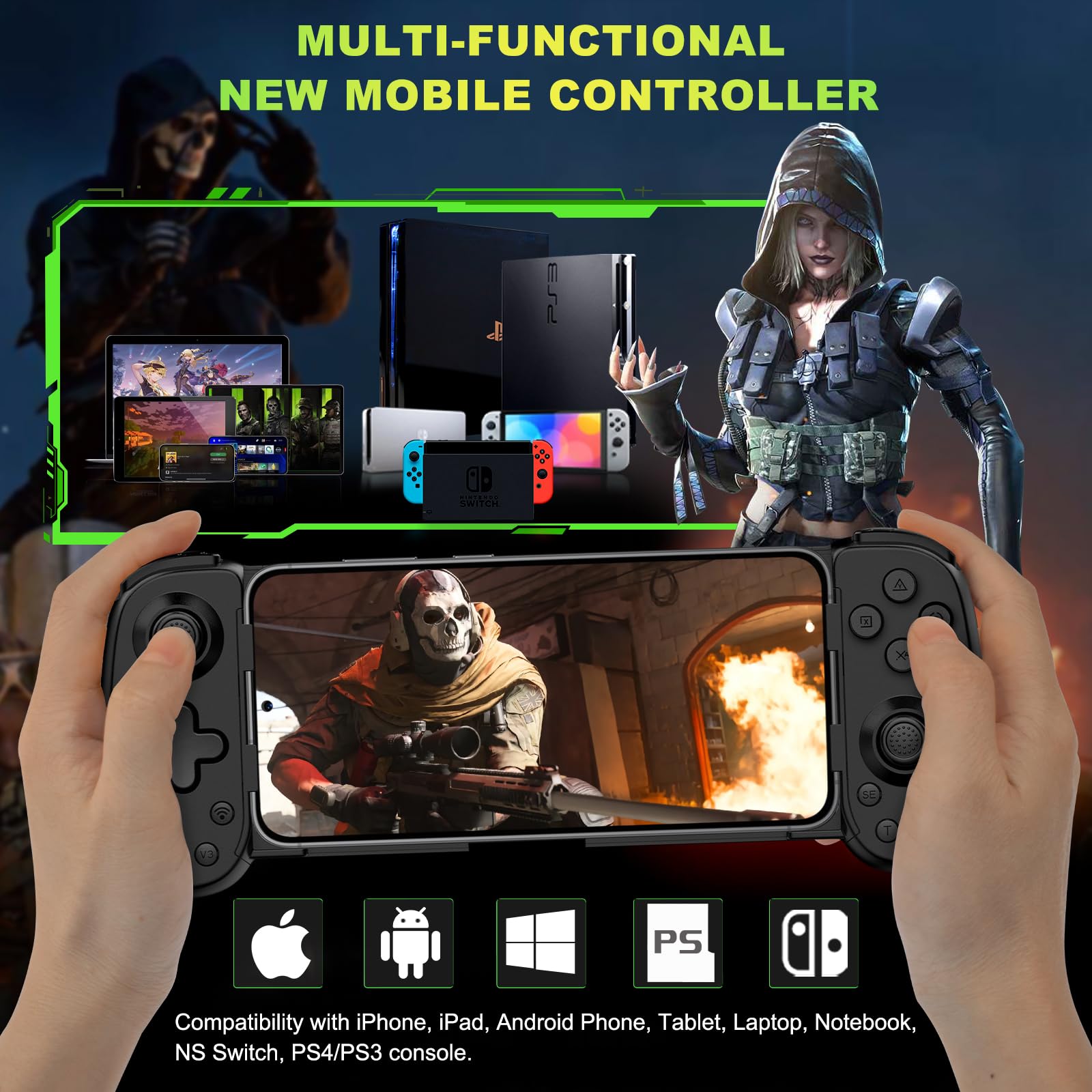 Koiiko Phone Game Controller for iPhone/Android/PC/Switch, Wireless, Play COD, Genshin, Diablo, Support Streaming on PS5/PS4/Xbox/PC Console, Cloud Gaming, Turbo/6-Axis Gyro/Dual Motor