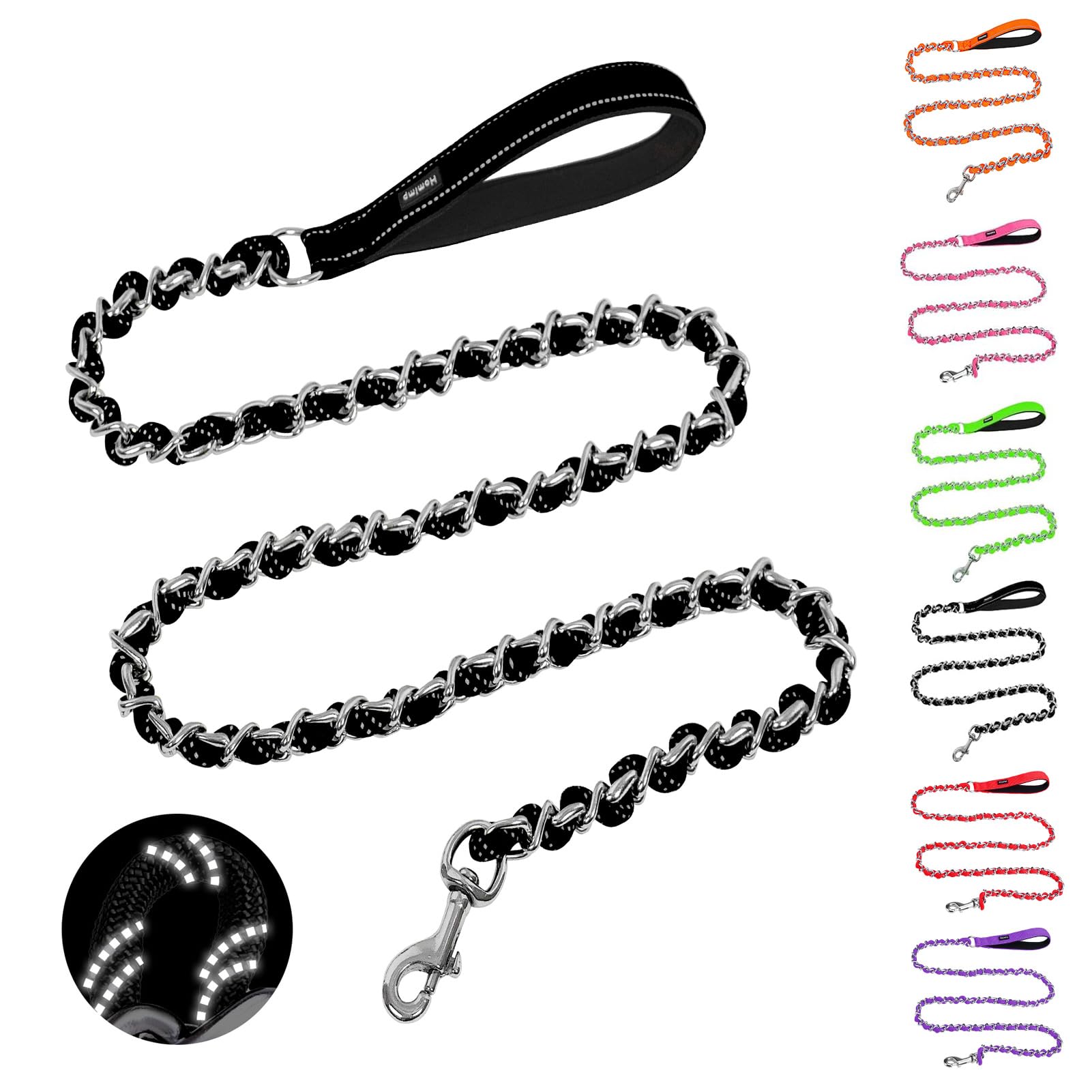 Homimp Chain Dog Leash for Medium Large Dogs, Reflective 6 FT Chew Proof Heavy Duty Metal Leashes with Soft Padded Handle, Anti Bite Durable Rope Pet Leashes for Pitbull, Non Chewable Leash Black — image 1