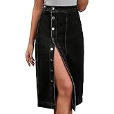 CIMUK Women Denim Midi Skirt High Waisted Button Up Casual Slit Jean Skirts