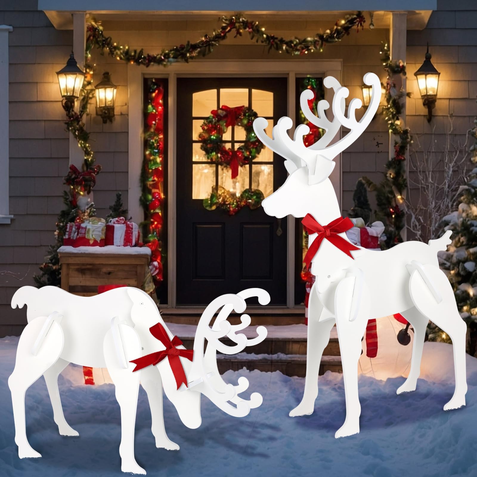 Photo 1 of 2 PCS 22.6" Large Reindeer Christmas Yard Signs Decorations Wood Christmas Deer Reindeer Christmas Decor Outdoor Wood Yard Winter Decoration for Indoor Home Patio Lawn Garden Party Supplies Ornament