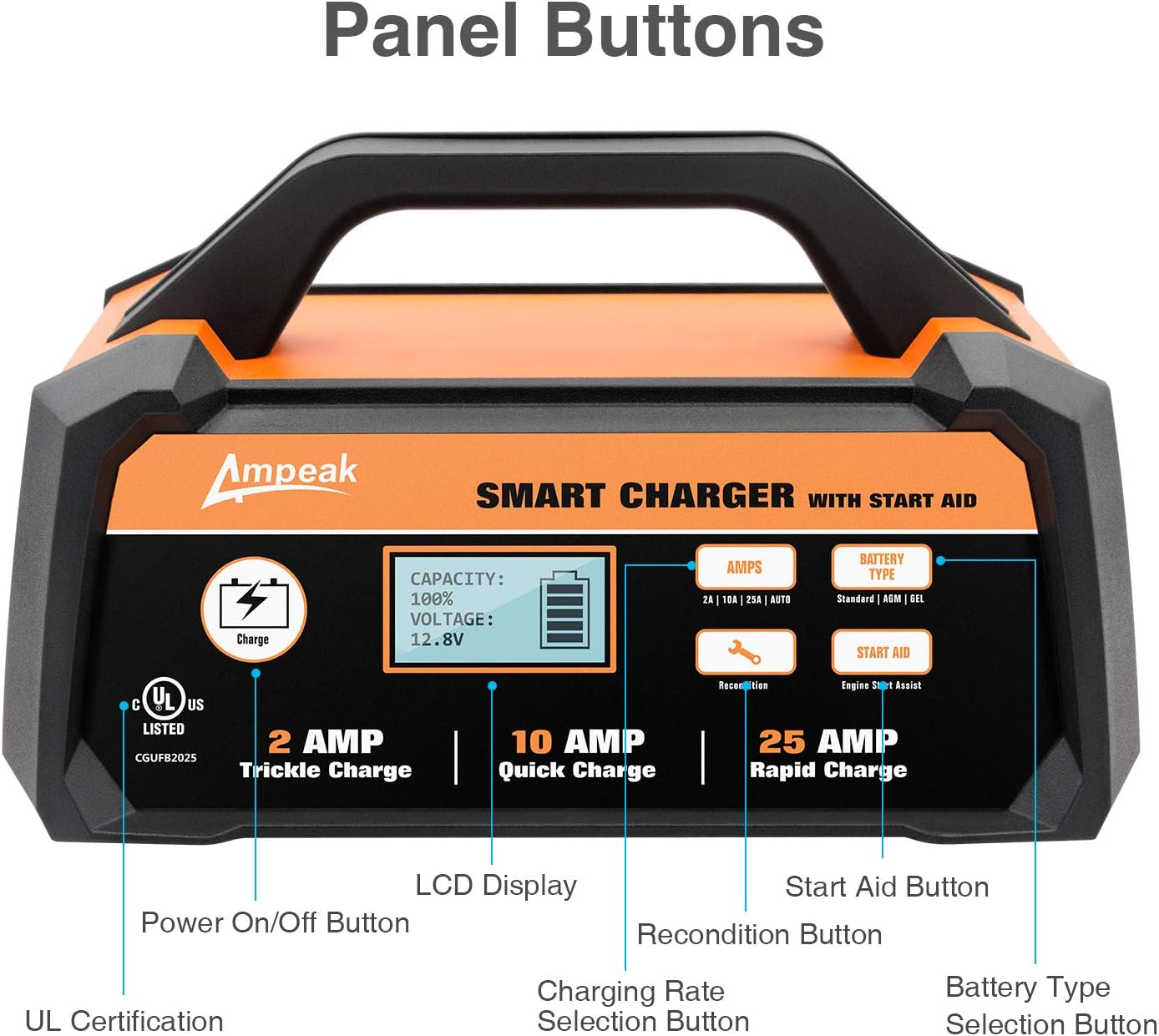 Ampeak 2/10/25A Smart Battery Charger/Maintainer 12V Fully Automatic with Engine Start: Automotive