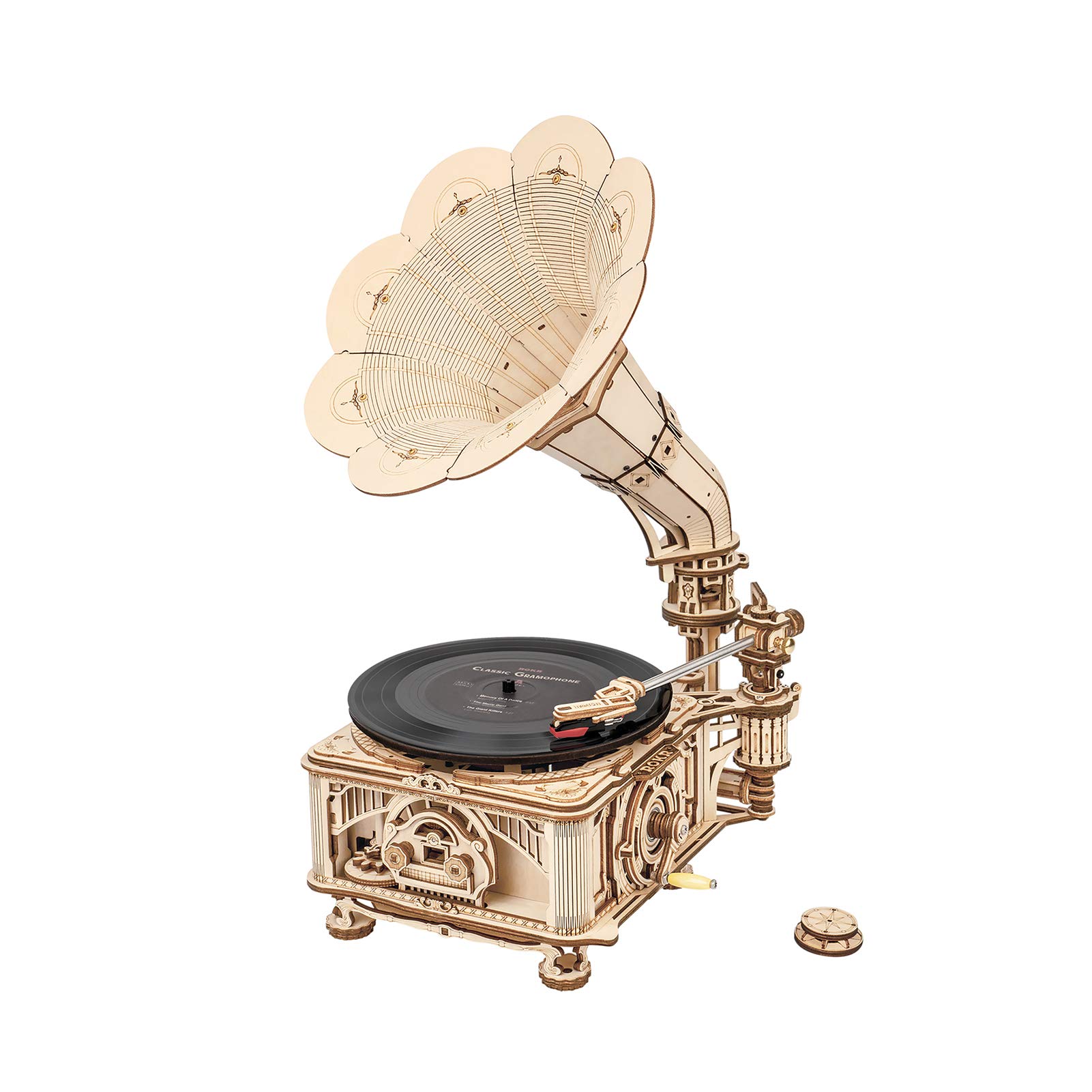 ROKR 3D Wooden Puzzles Gramophone for Adults - DIY Mechanical Model Kit 1:1 Replica Record Player Support 7