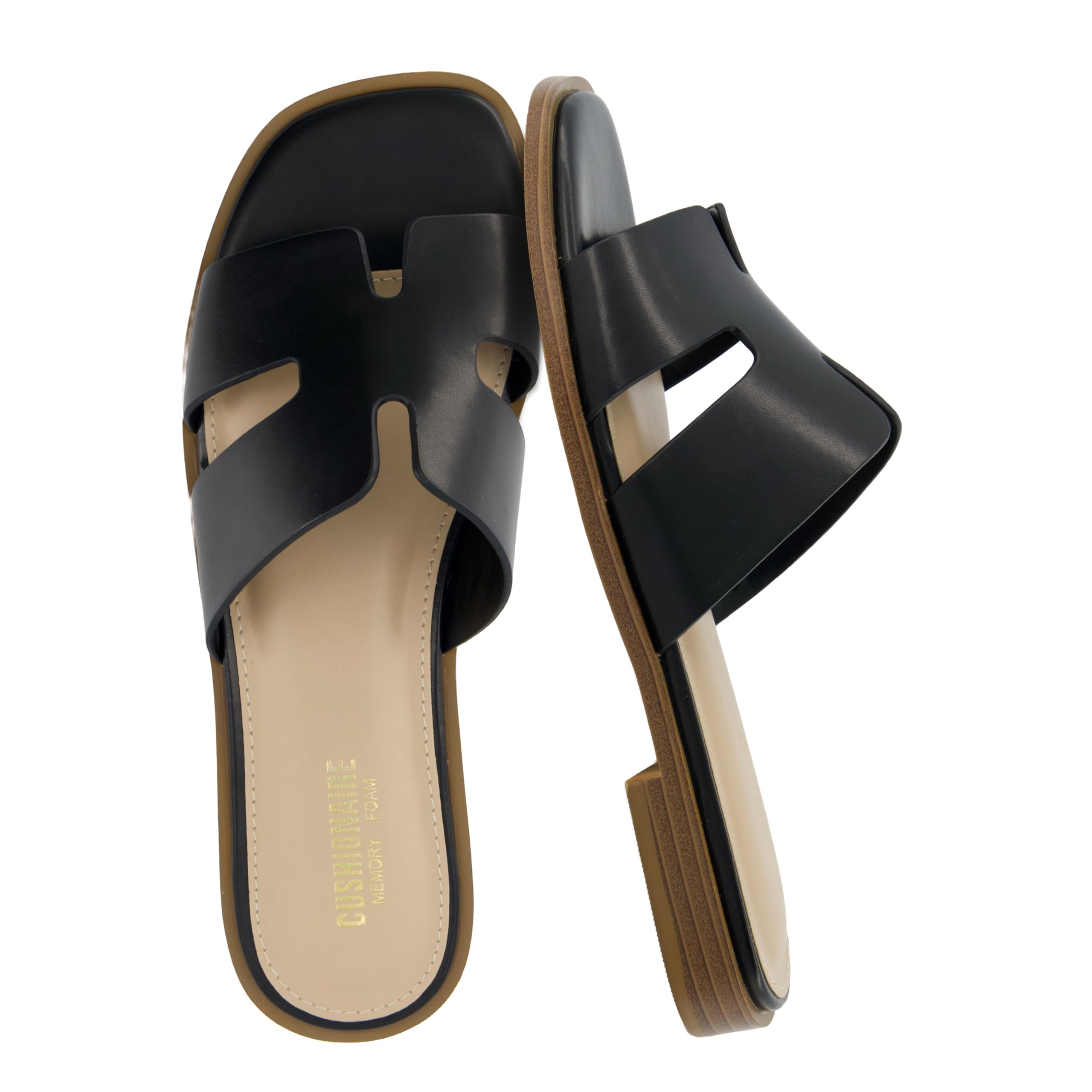 Photo 1 of **signs of usage**  CUSHIONAIRE Voyage Cutout Strap Slides for Women, Slip On Summer Flats, Trendy Footwear, Comfortable Vacation Style Sandals for Women 2025, BLACK 7.5