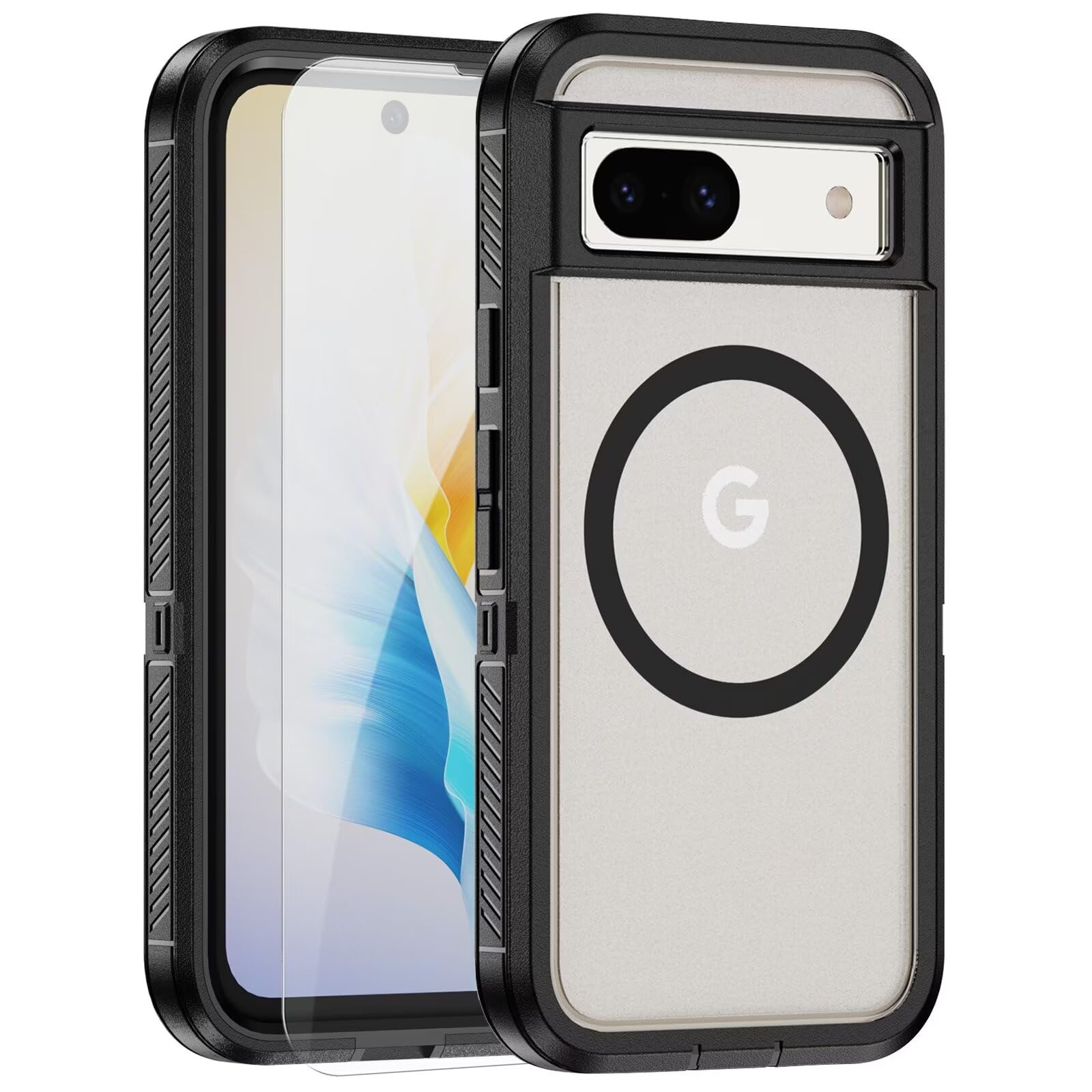 YANJIEER ESONG Magnetic Case for Google Pixel 8A,Compatible with MagSafe,Military Grade Shockproof Hard PC Rugged Bumper Protective Phone Cover with 1 Tempered Glass Screen Protectors,Black+Clear