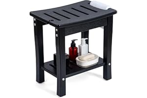 FLYJOE Shower Bench for Inside Shower Shaving Legs, Waterproof HDPE Shower Chair Seat with Storage Shelf and Handles Spa Shower Stool for Bath Tub Bathroom Indoor Outdoor Use, Black