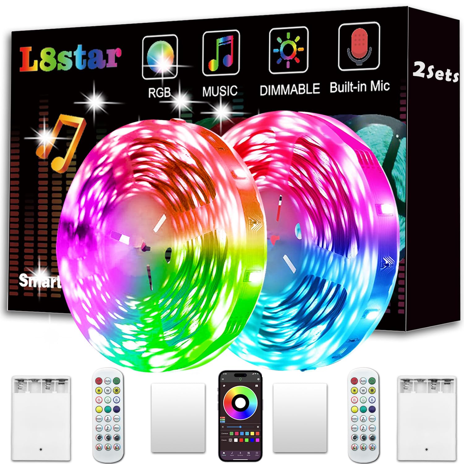 Photo 1 of L8star Battery Powered Led Strip Lights, 2x16.4Ft (32.8Ft),Two Sets of Strip Light with 4 AA Battery Box/USB RGB LED Lights, Remote and APP Control