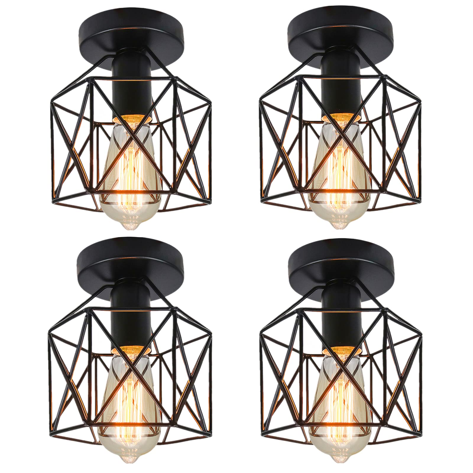 4PCS Industrial Vintage Ceiling Light,Semi Flush Rustic Ceiling Lights,Black Metal Lantern Ceiling Light for Living Room Kitchen Bedroom Hallway Courtyard