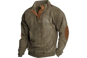HXHYQKP Men Sweater with Elbow Patches Mens Corduroy Shirt Stand Collar Button Up Pullover Long Sleeve Sweatshirts