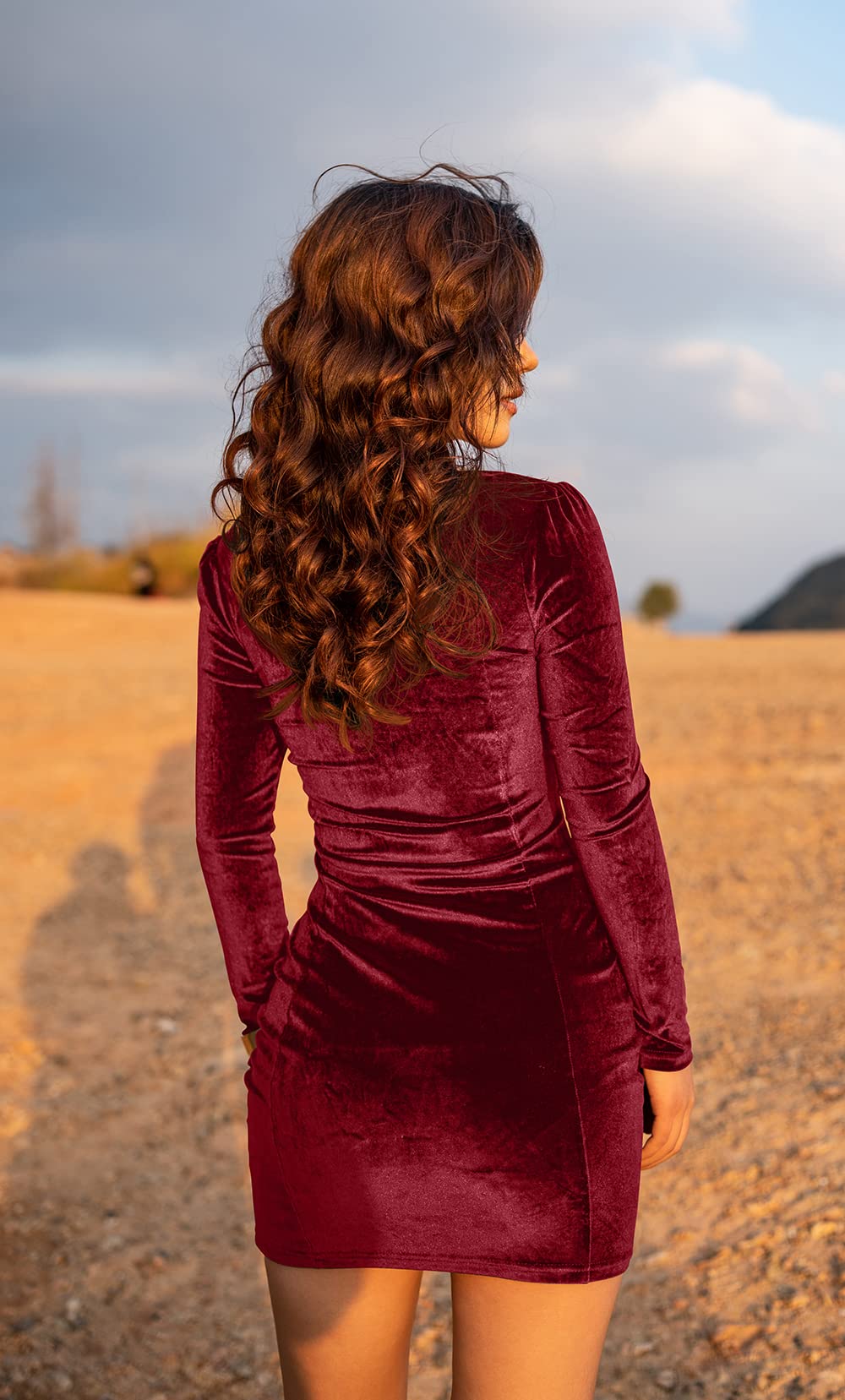 GOBLES Womens Sexy Velvet Long Sleeve Bodycon Elegant Mini Party Dress