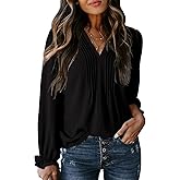 Dokotoo Womens Tops Casual Pleated V Neck Puff Long Sleeve T Shirts Loose Tunic Business Blouse