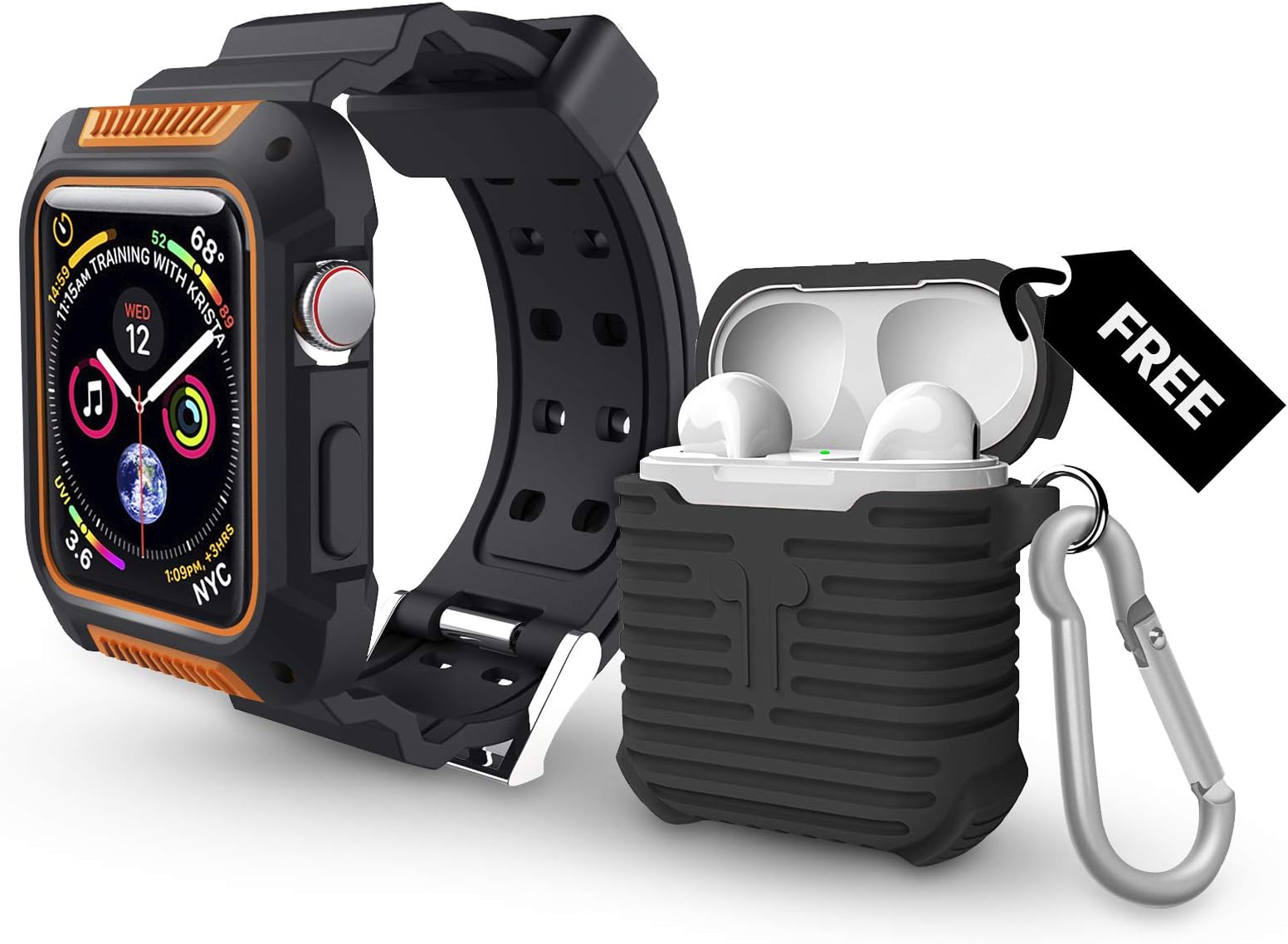 Apple Watch Series 4 44MM Rugged Protective Black/Orange Case with Strap Band Plus Free Black AirPods Silicone Protective Case Cover. Water Resistant