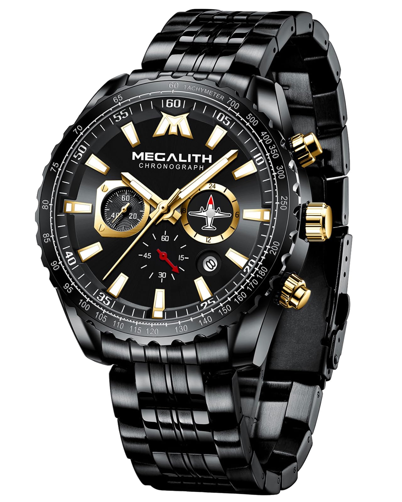 MEGALITH Mens Watches Military Designer Large Face Analogue Black Watch for Men Waterproof Stainless Steel Wrist Watch Luminous Date Gents Watches