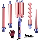 Brightup PRO 5-in-1 Curling Iron Wand with LCD Display, Ceramic Hair Waiver Curler with 3 Barrels & Negative Ions for Frizz-Free, Salon-Level Waves and Curls, Tangle-Free Swivel Cord