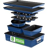 NutriChef 8-Piece Nonstick Stackable Bakeware Set - PFOA, PFOS, PTFE Free Baking Tray Set w/Non-Stick Coating, 450&deg;F Oven Safe, Round Cake, Loaf, Muffin, Wide/Square Pans, Cookie Sheet (Blue)