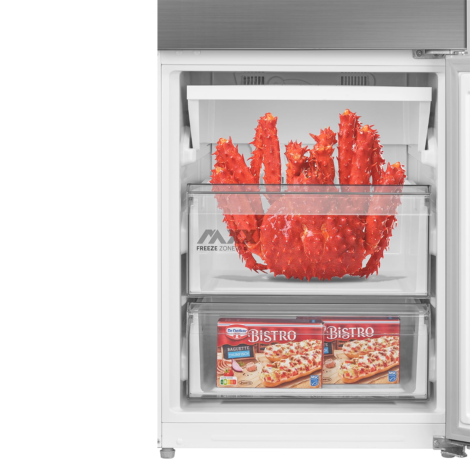 Midea 443L Kühl-Gefrierkombination SPACE MASTER, 201 cm, NoFrost, Multi-Airflow, -24° 4-Sterne-Gefrierfach, SuperKühlen & SuperGefrieren, LED, 35 dB, Maxx Fresh Zone, Edelstahl-Optik, MDRB600MME46 5