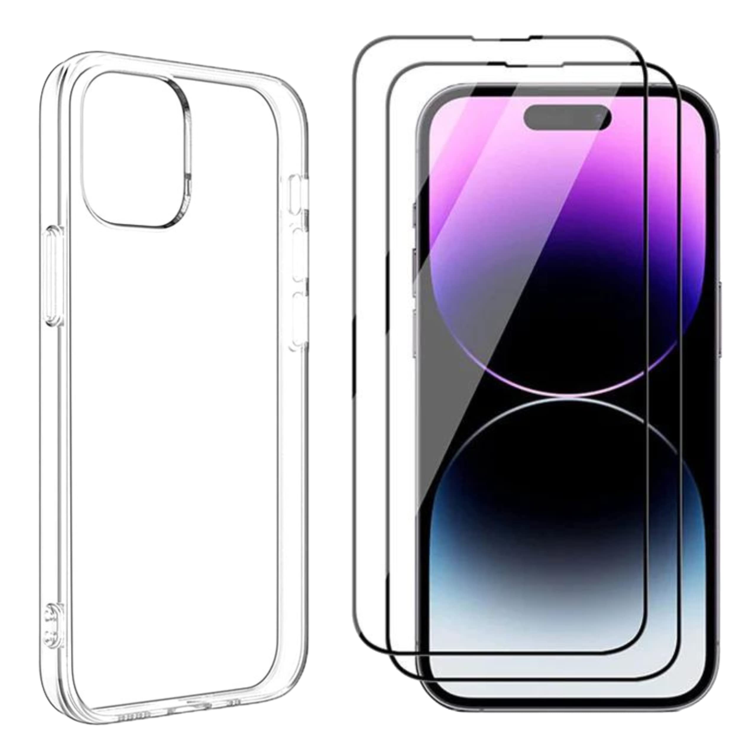 Glamified Compatible with iPhone 11 Case Clear, and [2 x Tempered Glass Screen Protector ] Shockproof Protective Transparent Phone Case Cover for iPhone (For iPhone 14 Pro Max)